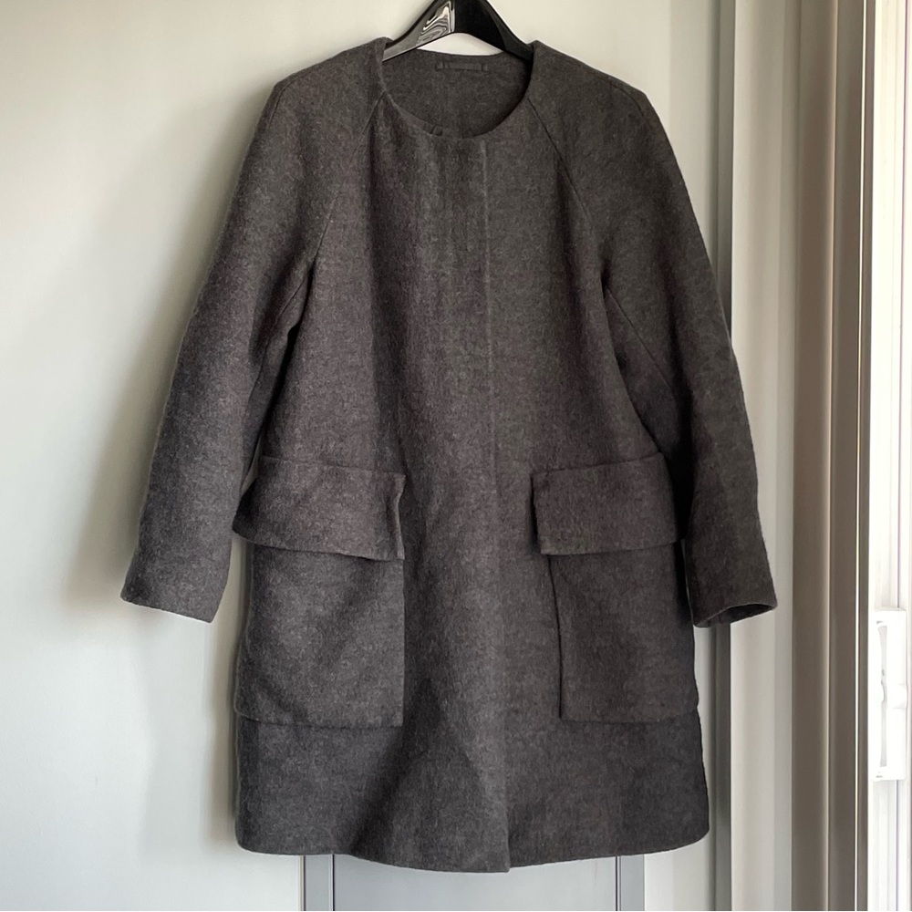 COS Collarless 100% Wool Coat - Charcoal Gray - Picture 2 of 8